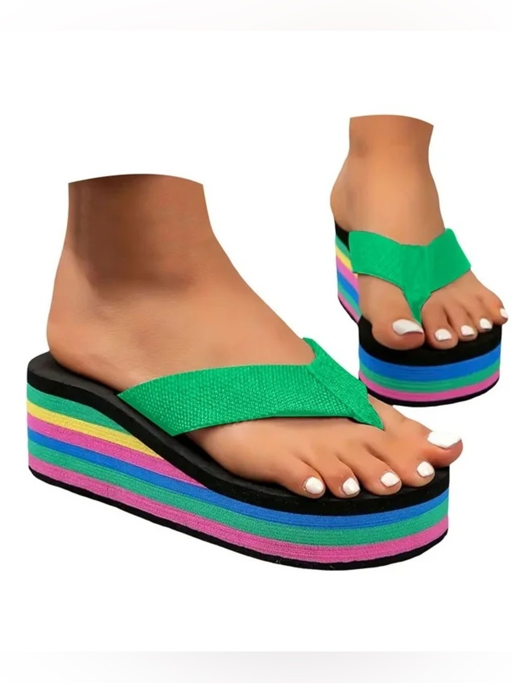 Mostsola Wedge Flip Flops Rainbow Bottom Platform Beach Shoes Fashion Sz 8-9